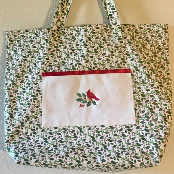 Handmade Christmas Canvas Tote Cardinal Holly Joy Zipper Tote Pocket Size Large